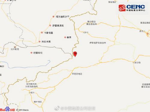 新疆阿克苏地区温宿县发生3.8级地震震源深度5千米